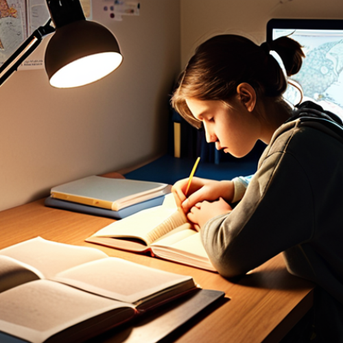 Home 11 **
A student intensely focused in a tidy, quiet study space. Books, flashcards, and a concept map are on the desk, illuminated by a warm lamp. Soft instrumental music is subtly implied. The scene emphasizes concentration and an optimized learning environment.
**