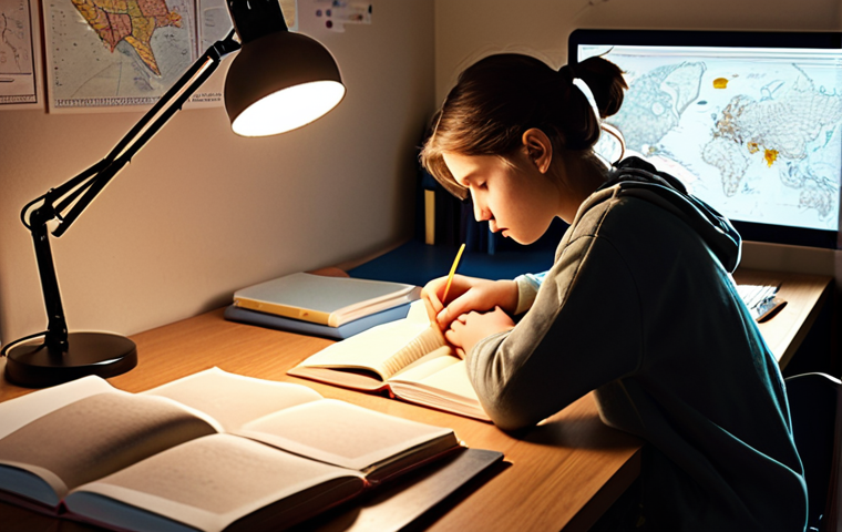 **
A student intensely focused in a tidy, quiet study space. Books, flashcards, and a concept map are on the desk, illuminated by a warm lamp. Soft instrumental music is subtly implied. The scene emphasizes concentration and an optimized learning environment.
**