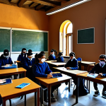 An Italian high school classroom filled with diverse students, fully clothed in modest, appropriate attire. Students are actively engaged with VR headsets and AR tablets, exploring a virtual ancient Roman ruin that is seamlessly overlaid onto their physical desks. Sunlight illuminates the modern classroom, with a window offering a glimpse of historic Italian architecture outside. The atmosphere is collaborative and curious. Perfect anatomy, correct proportions, natural body proportions, well-formed hands, proper finger count, safe for work, appropriate content, fully clothed, family-friendly, professional photography, high quality, vibrant, realistic rendering.