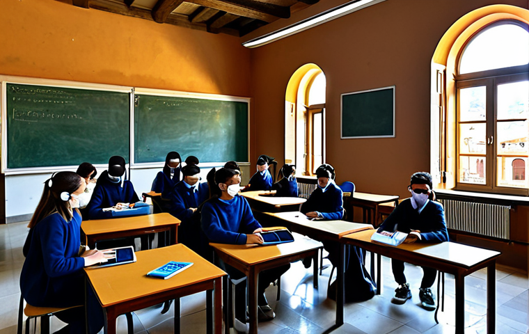 An Italian high school classroom filled with diverse students, fully clothed in modest, appropriate attire. Students are actively engaged with VR headsets and AR tablets, exploring a virtual ancient Roman ruin that is seamlessly overlaid onto their physical desks. Sunlight illuminates the modern classroom, with a window offering a glimpse of historic Italian architecture outside. The atmosphere is collaborative and curious. Perfect anatomy, correct proportions, natural body proportions, well-formed hands, proper finger count, safe for work, appropriate content, fully clothed, family-friendly, professional photography, high quality, vibrant, realistic rendering.