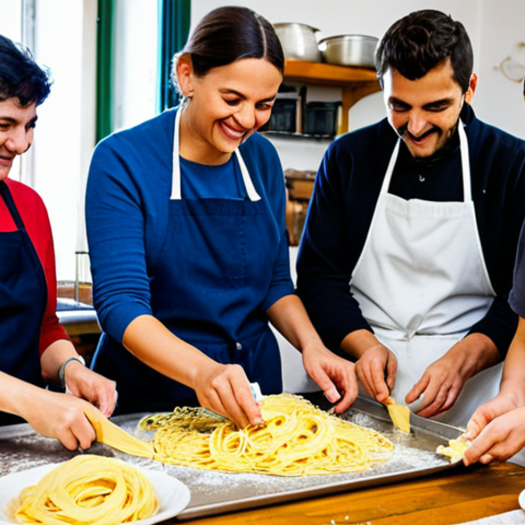 Italian Cooking Class**
"A group of diverse students, fully clothed in casual and modest attire, participating in a hands-on Italian cooking class, learning to make fresh pasta from a smiling Italian nonna in a bright, rustic kitchen. Safe for work, appropriate content, professional photo, perfect anatomy, well-formed hands, natural proportions, family-friendly."
**