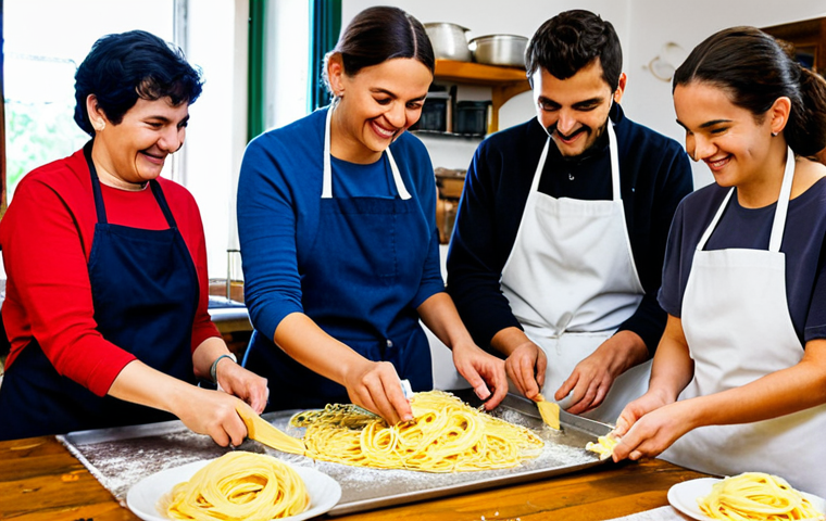 Italian Cooking Class**
"A group of diverse students, fully clothed in casual and modest attire, participating in a hands-on Italian cooking class, learning to make fresh pasta from a smiling Italian nonna in a bright, rustic kitchen. Safe for work, appropriate content, professional photo, perfect anatomy, well-formed hands, natural proportions, family-friendly."
**
